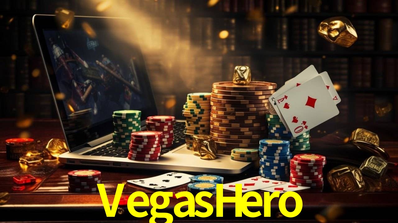 Escena dinámica inspirada en casino con iluminación VegasHero, cartas, fichas e íconos de juegos digitales en un espacio moderno de juegos.